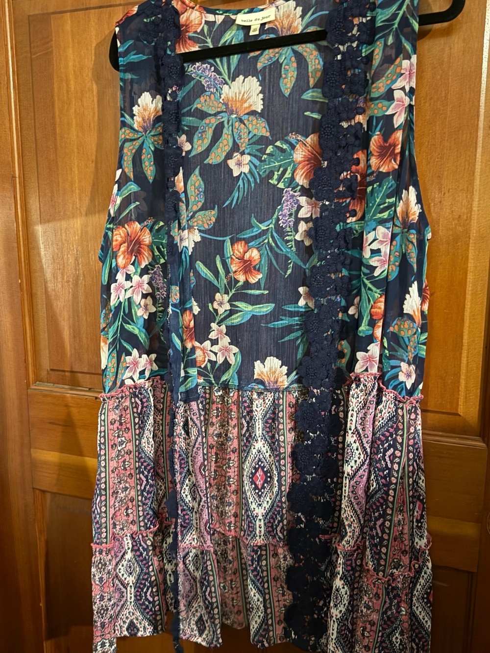 Belle Du Jour Navy Floral Tiered Sleeveless Tunic with Pink Accents